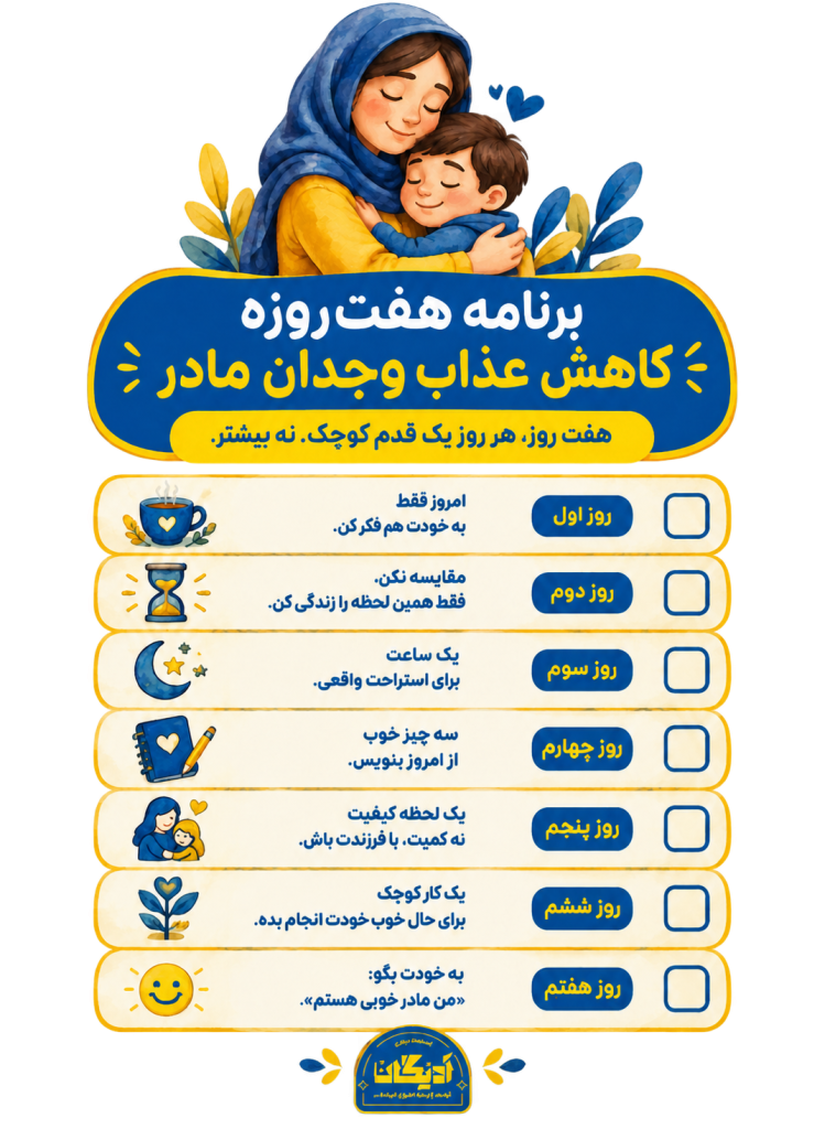 کارت برنامه هفت‌روزه کاهش عذاب وجدان مادر با یک تمرین کوچک برای هر روز